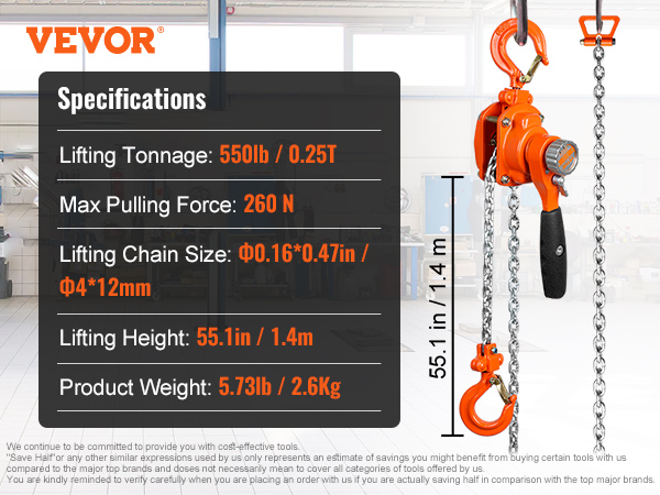 VEVOR manual lever chain hoist in warehouse, specs include 550lb capacity, 55.1in lift height, and 260n force.