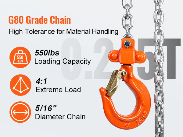 g80 grade chain, 550lbs loading capacity, 4:1 extreme load, 5/16" diameter. VEVOR manual lever chain hoist.