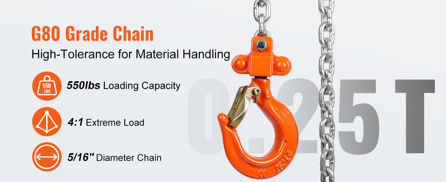 g80 grade chain, 550lbs loading capacity, 4:1 extreme load, 5/16" diameter. VEVOR manual lever chain hoist.