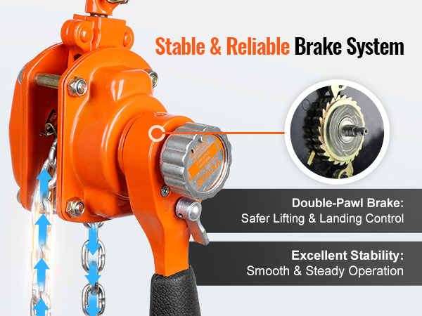 VEVOR manual lever chain hoist with stable brake system for safer lifting and landing control.