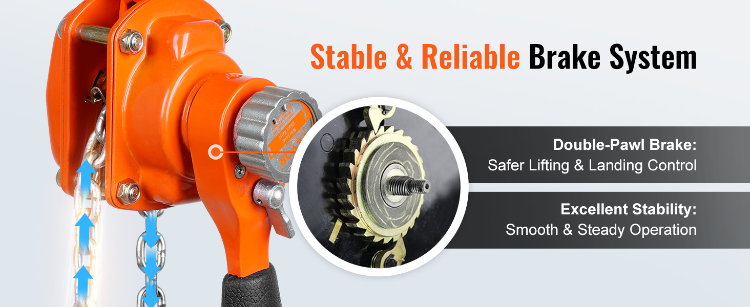 VEVOR manual lever chain hoist with stable brake system for safer lifting and landing control.