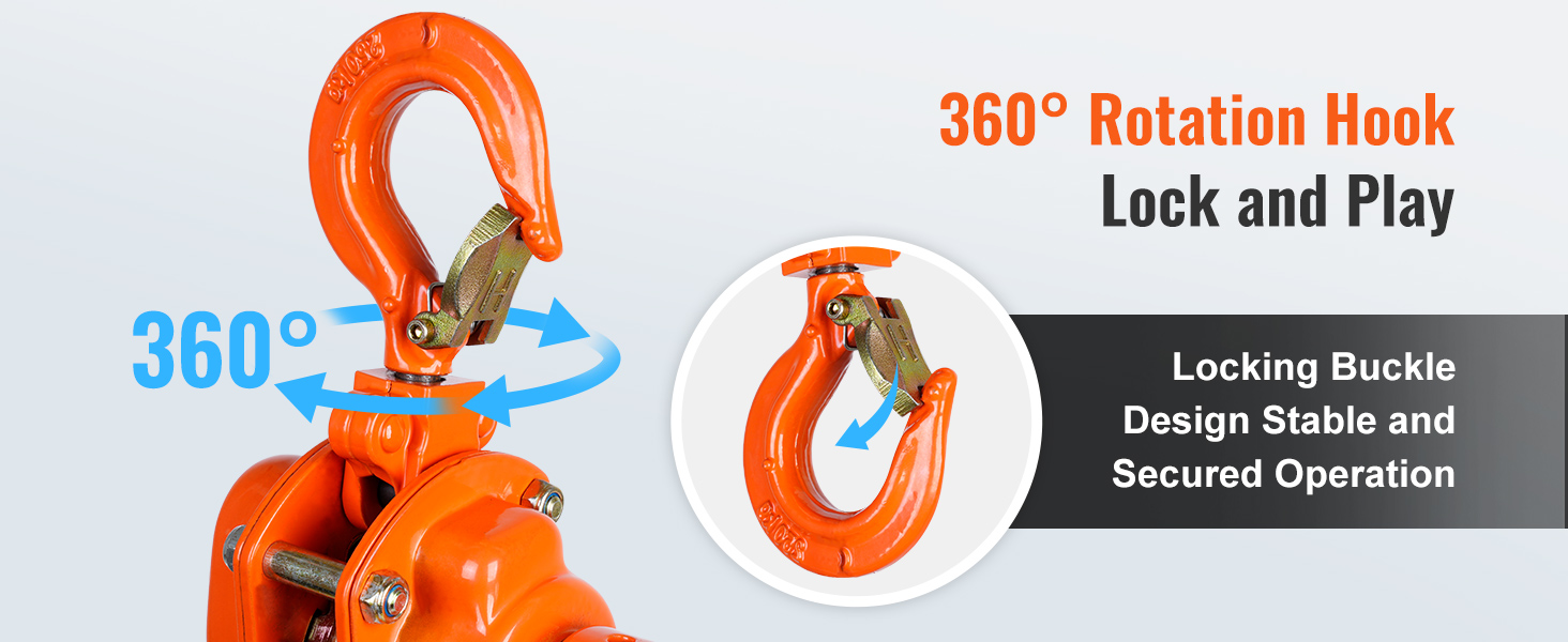 360° rotation hook with locking buckle design for stable use on the VEVOR manual lever chain hoist.