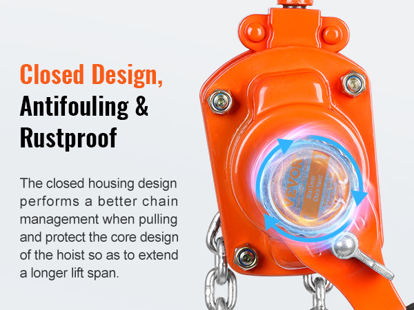 VEVOR manual lever chain hoist with closed design, antifouling, and rustproof features.