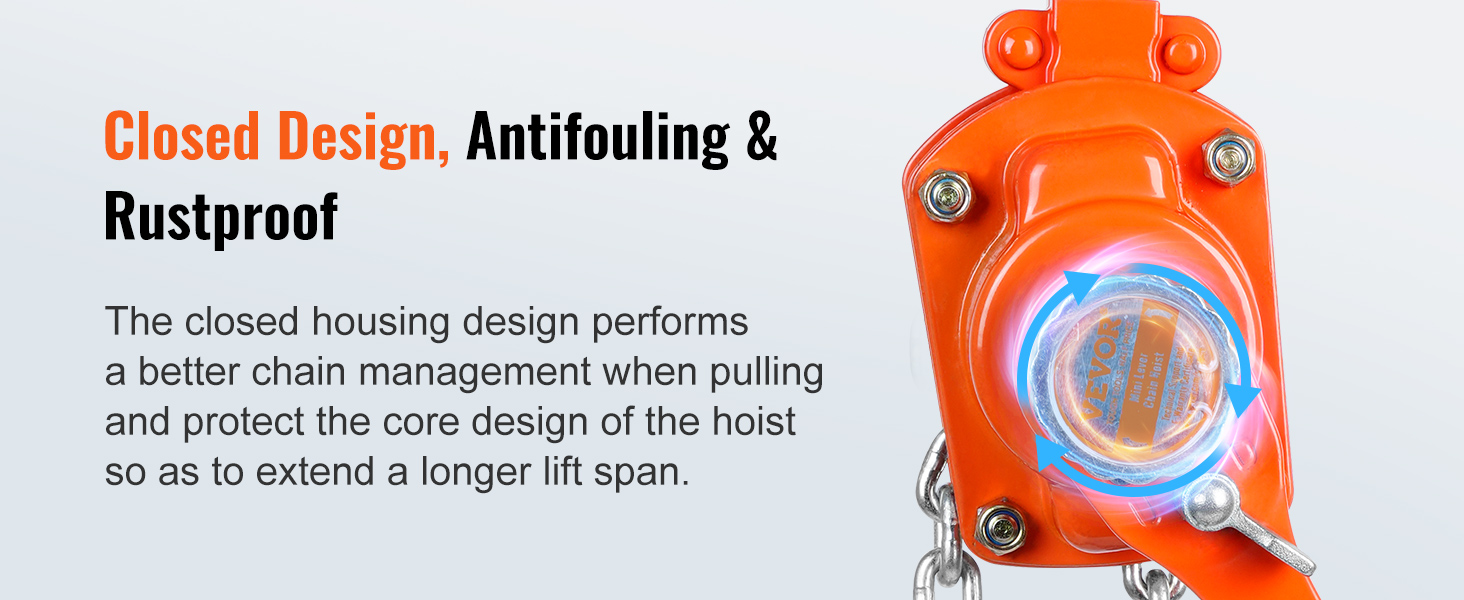 VEVOR manual lever chain hoist with closed design, antifouling, and rustproof features.