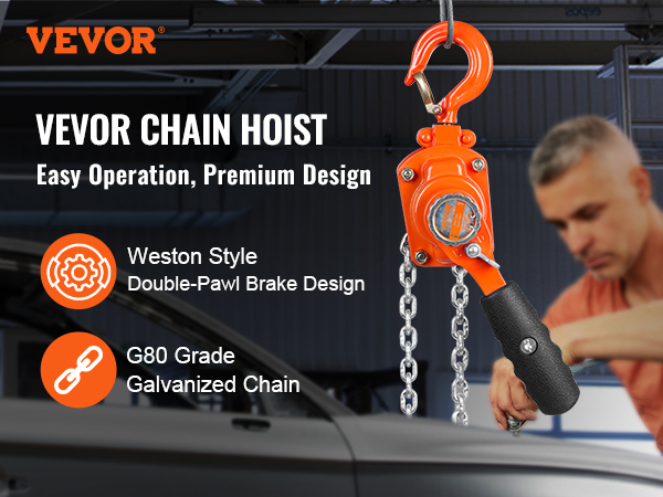 VEVOR manual lever chain hoist in use, featuring weston style brake and g80 grade galvanized chain.