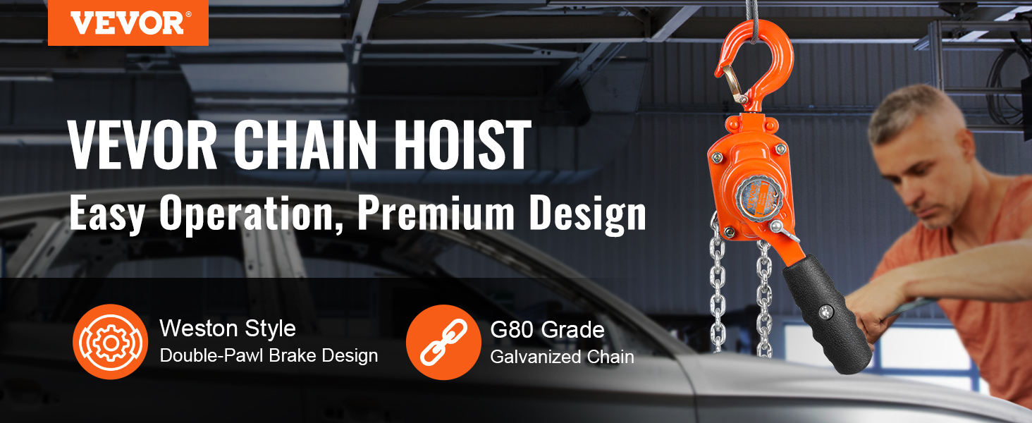 VEVOR manual lever chain hoist in use, featuring weston style brake and g80 grade galvanized chain.