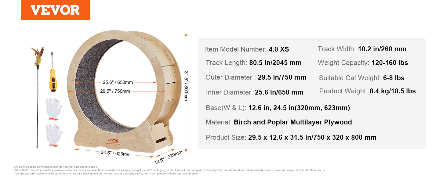 VEVOR cat exercise wheel specifications with dimensions and accessory visuals. material: birch and poplar plywood.