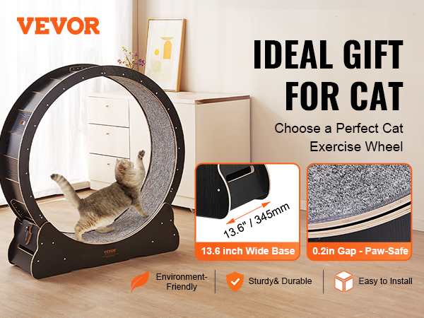 VEVOR cat exercise wheel with solid wood material, 13.6-inch wide base, paw-safe gap, sturdy and durable.