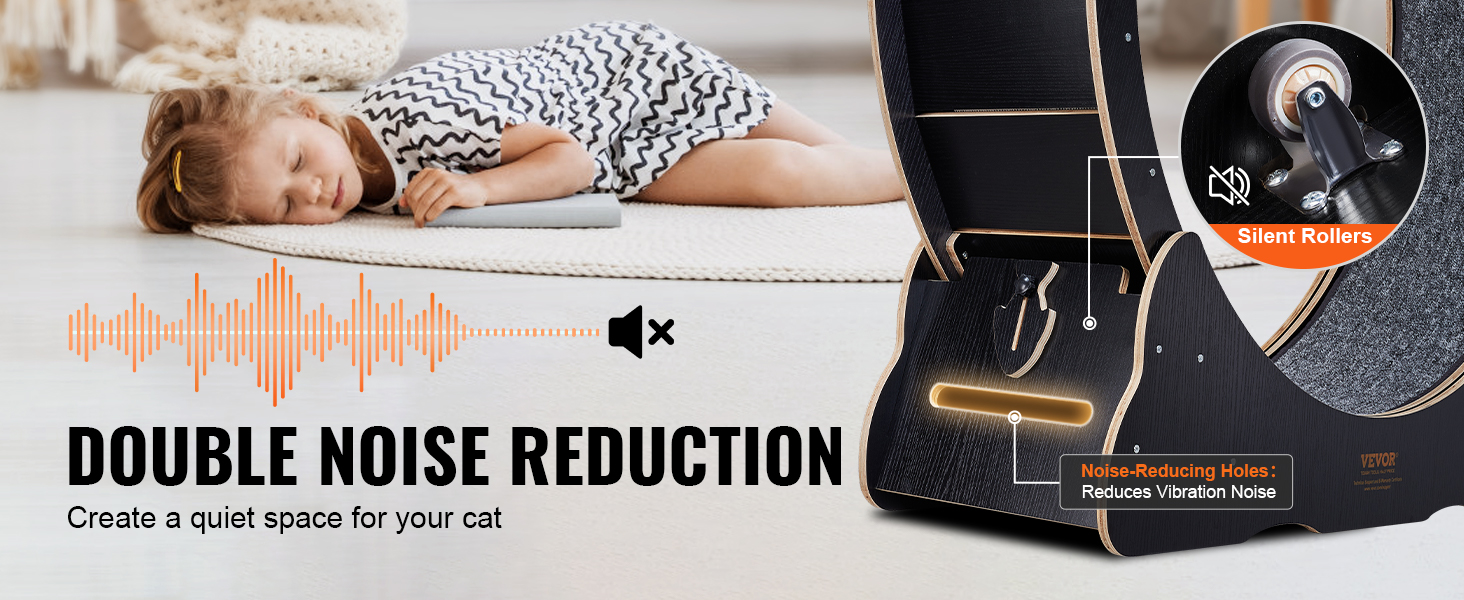 VEVOR cat exercise wheel offers double noise reduction with silent rollers and noise-reducing holes.