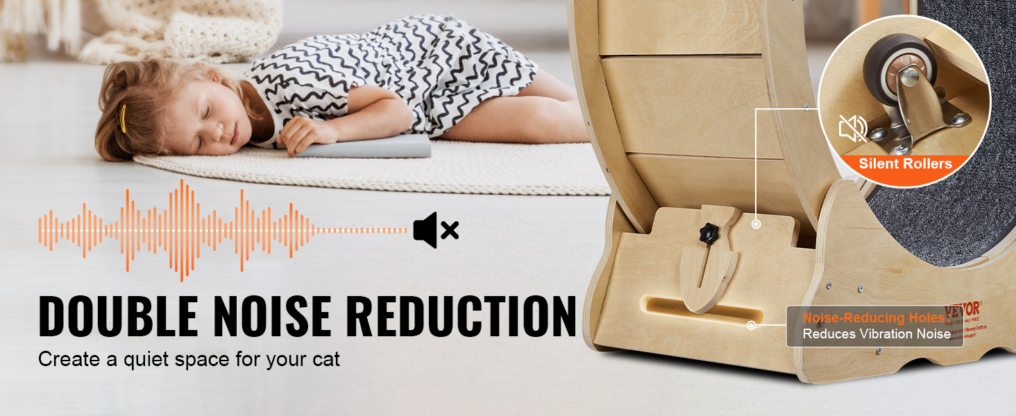 VEVOR cat exercise wheel with double noise reduction, silent rollers, and noise-reducing holes.