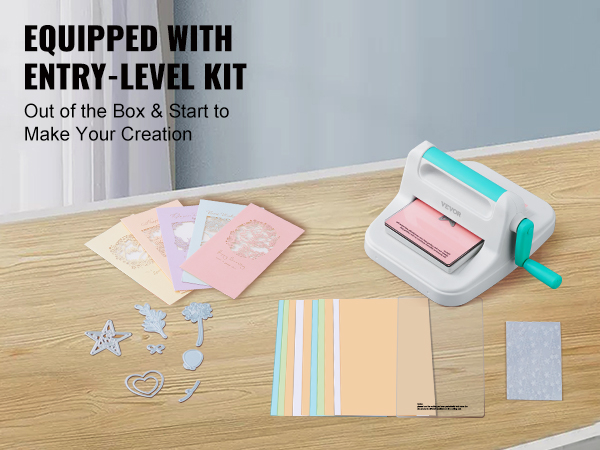 VEVOR die cutting machine with entry-level kit, colorful papers, and design templates on a wooden table.
