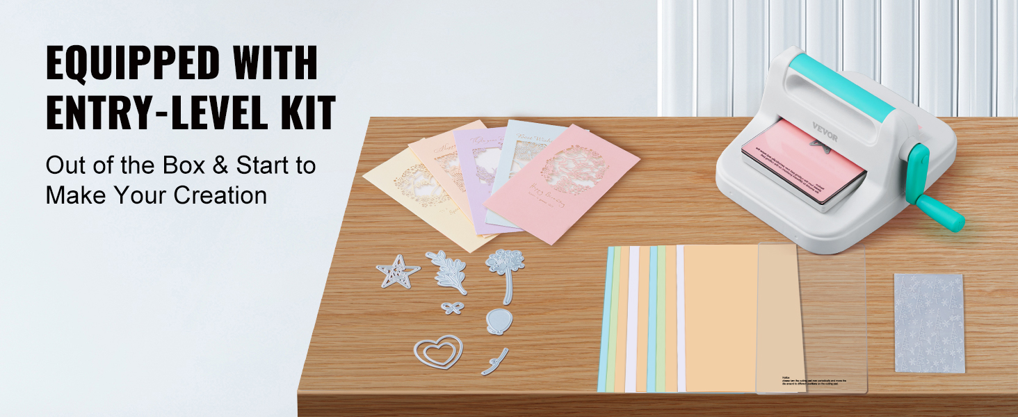 VEVOR die cutting machine with entry-level kit, colorful papers, and design templates on a wooden table.