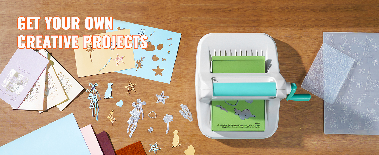 VEVOR die cutting machine with paper crafts and creative project designs on a wooden table.