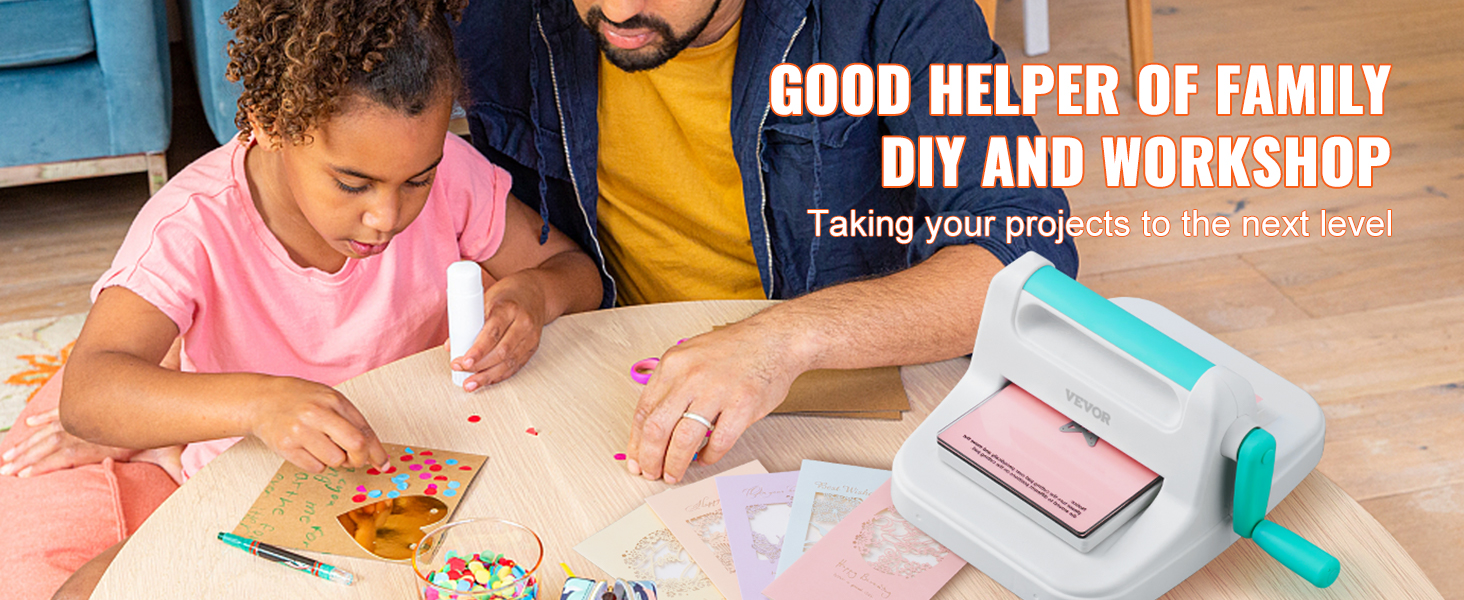 family crafting with VEVOR die cutting machine, creating colorful diy projects on a wooden table.