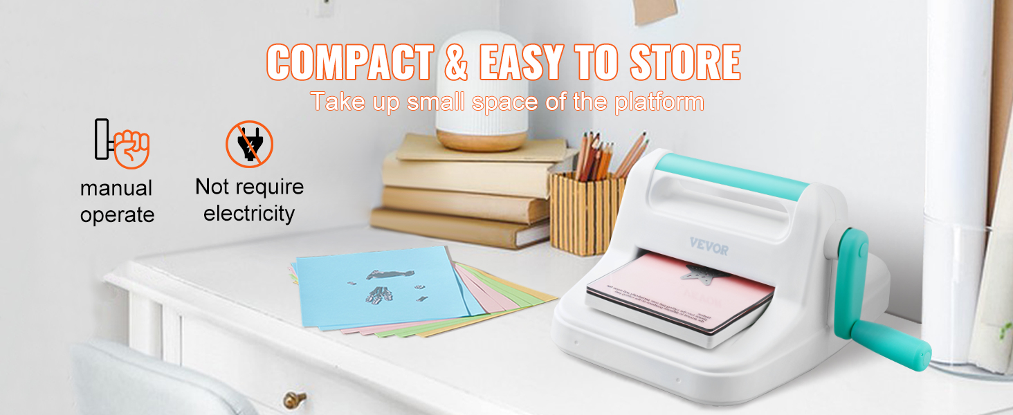 VEVOR die cutting machine, compact and easy to store on a white desk with colorful craft papers.