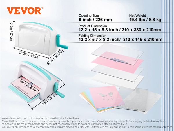 VEVOR die cutting machine with dimensions and papers, net weight 8.8 kg, opening size 9 inches.