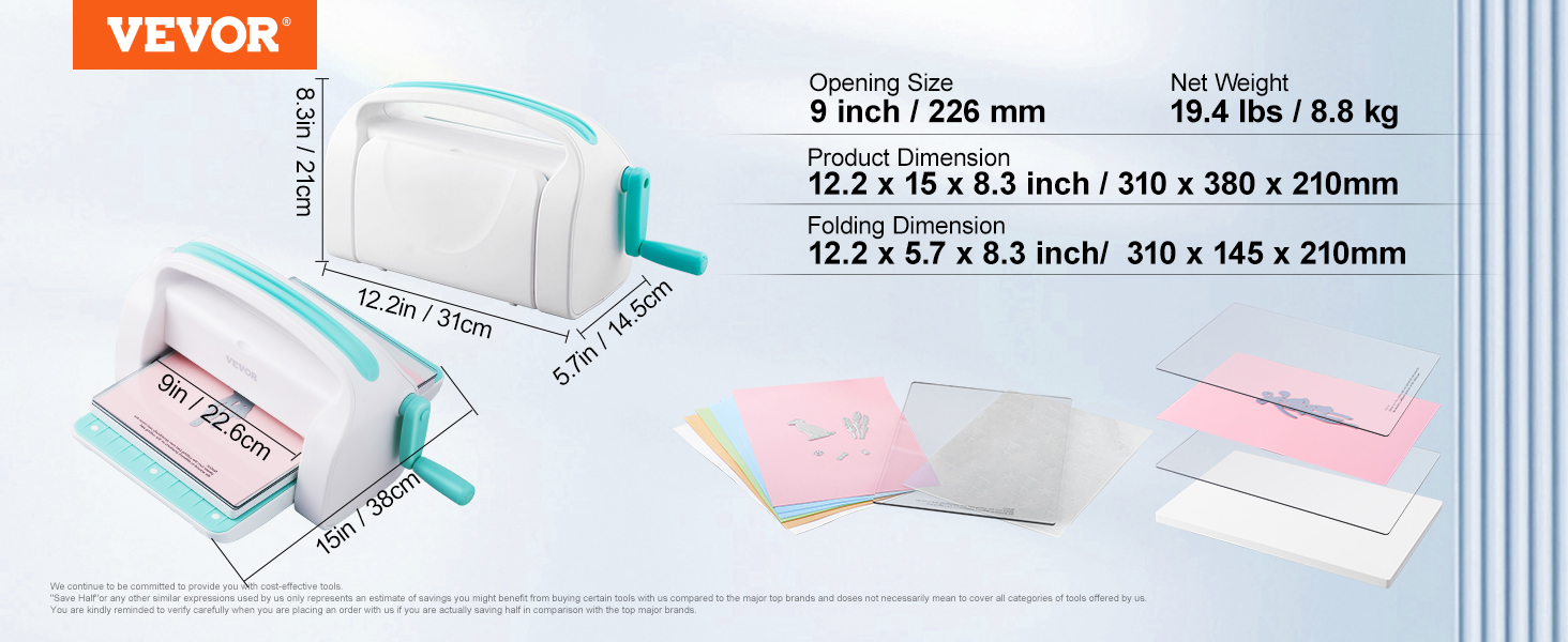 VEVOR die cutting machine with dimensions and papers, net weight 8.8 kg, opening size 9 inches.