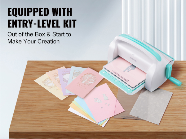 VEVOR die cutting machine on a wooden table with crafting materials and cards. equipped with entry-level kit.