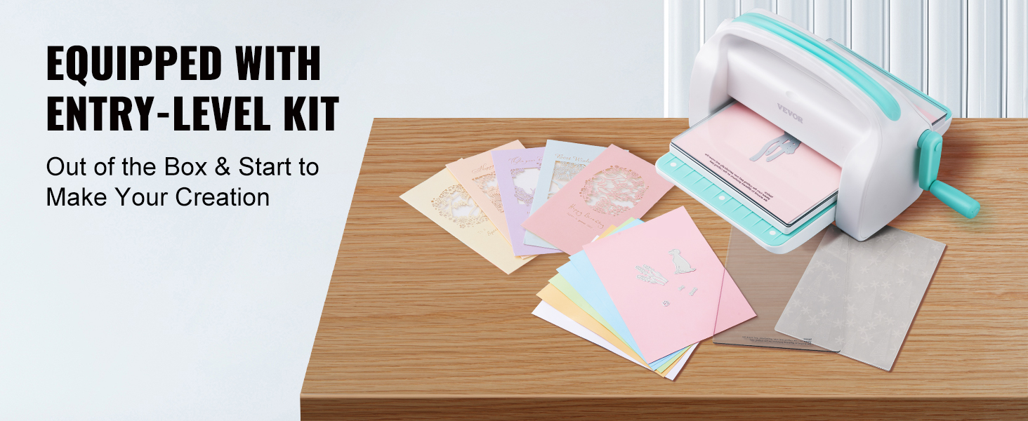 VEVOR die cutting machine on a wooden table with crafting materials and cards. equipped with entry-level kit.