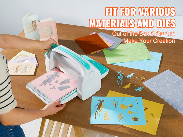 woman using VEVOR die cutting machine with various materials and dies on a wooden table.