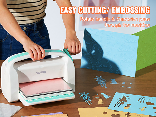 person uses VEVOR die cutting machine for easy cutting and embossing with paper crafts on a table.