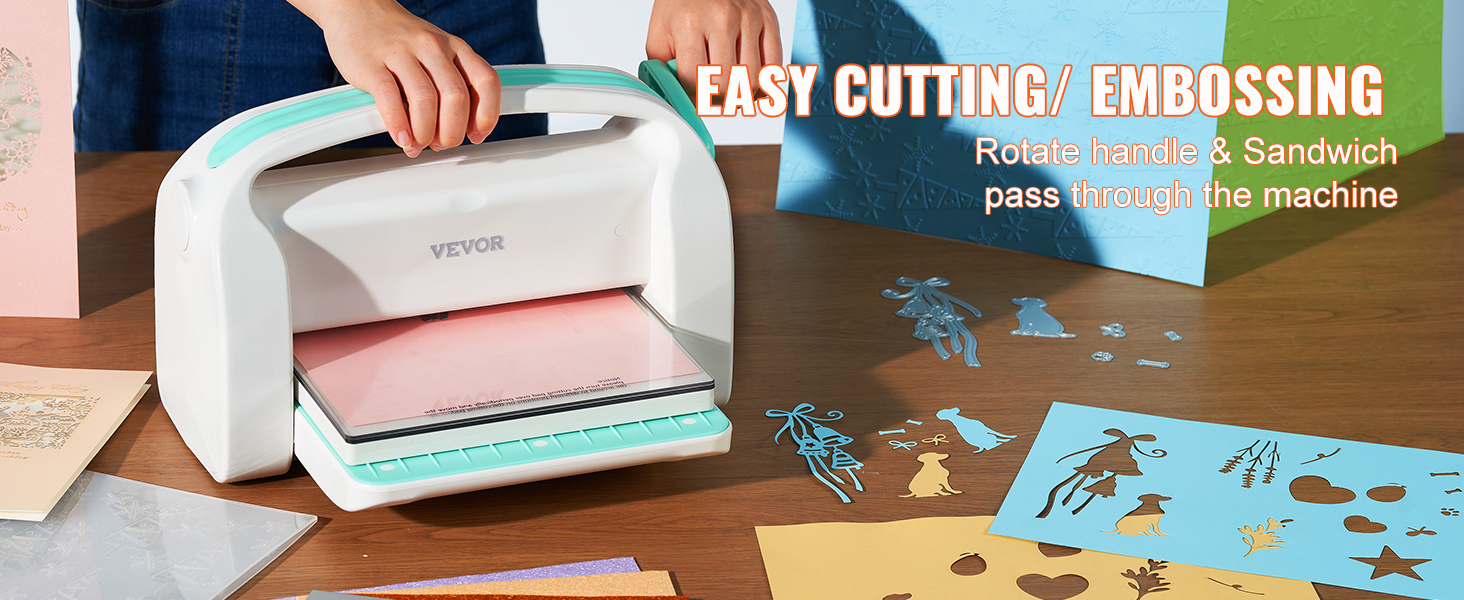 person uses VEVOR die cutting machine for easy cutting and embossing with paper crafts on a table.