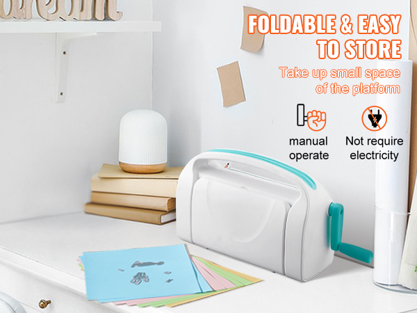 VEVOR die cutting machine on desk, foldable, manual operation, no electricity required.