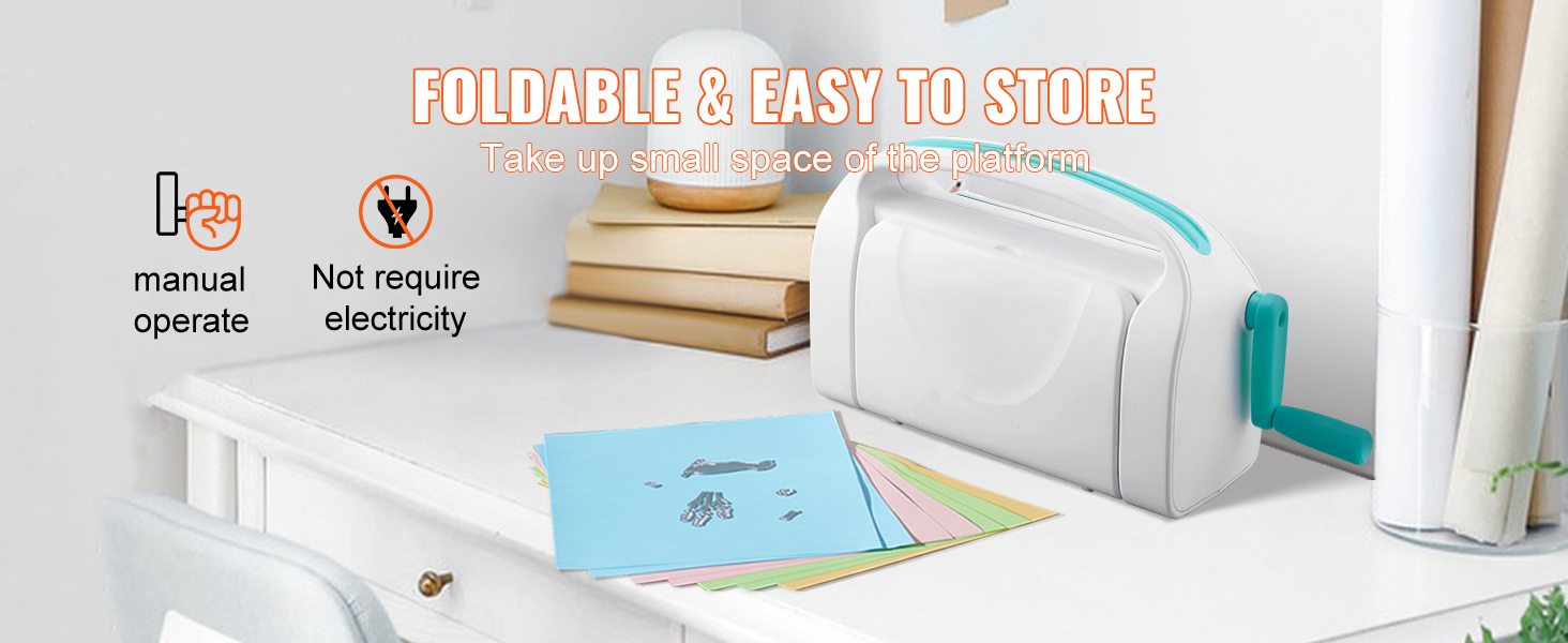 VEVOR die cutting machine on desk, foldable, manual operation, no electricity required.