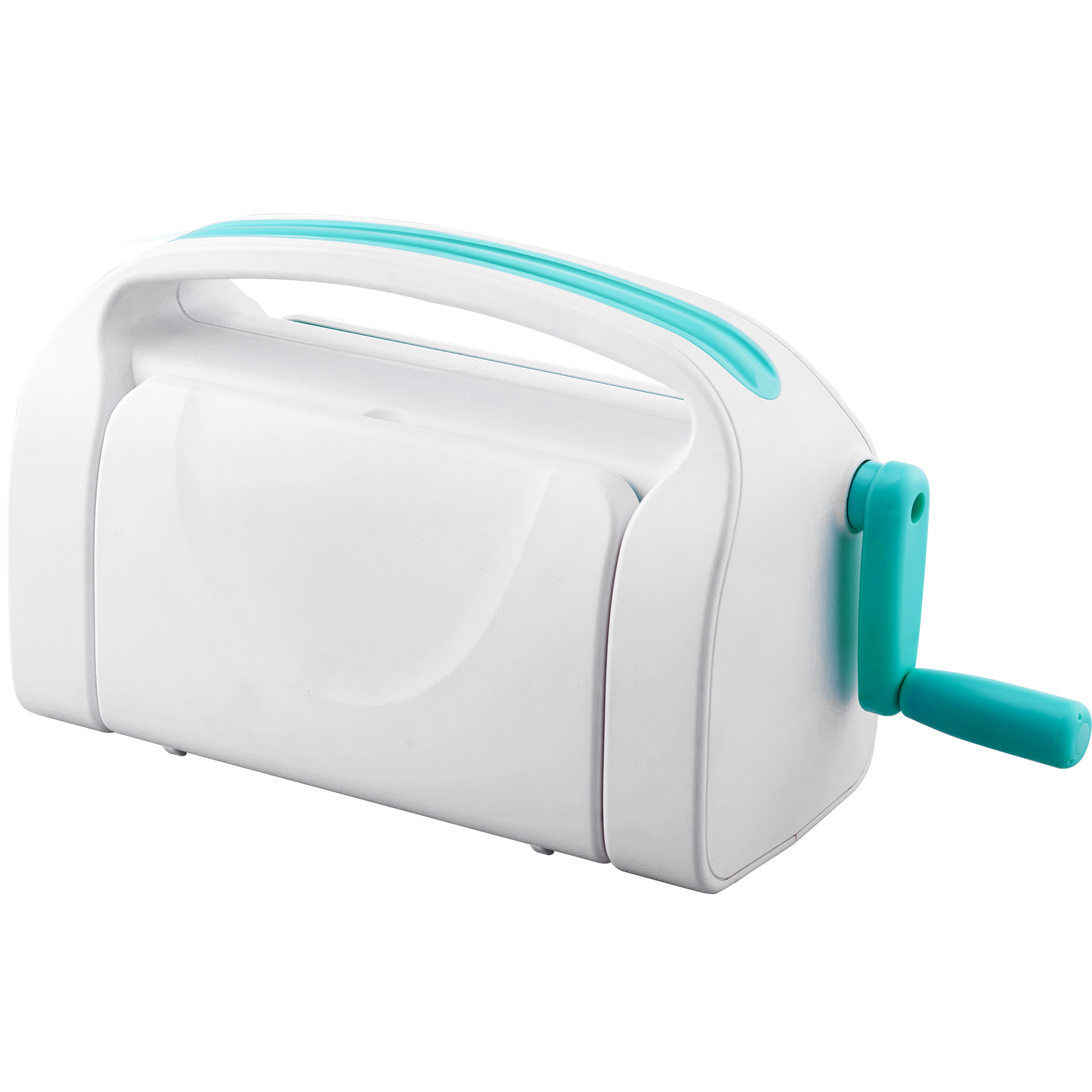 VEVOR die cutting machine with white body and turquoise accents, equipped with a manual crank handle