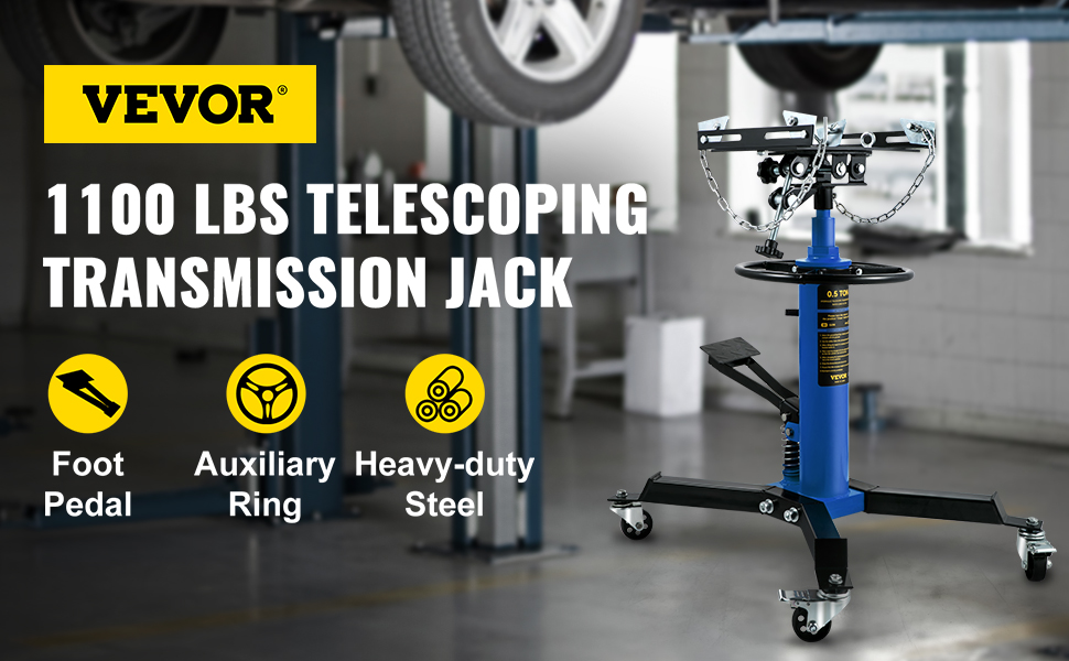 VEVOR transmission jack, 1100 lbs telescoping lift with foot pedal, auxiliary ring, and heavy-duty steel.