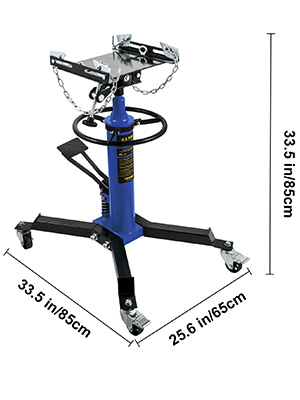 VEVOR transmission jack, 85cm height, 65cm width, blue hydraulic jack with chains and caster wheels.
