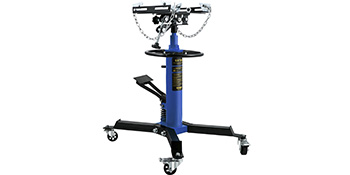 blue VEVOR transmission jack with black base and wheels on a white background.