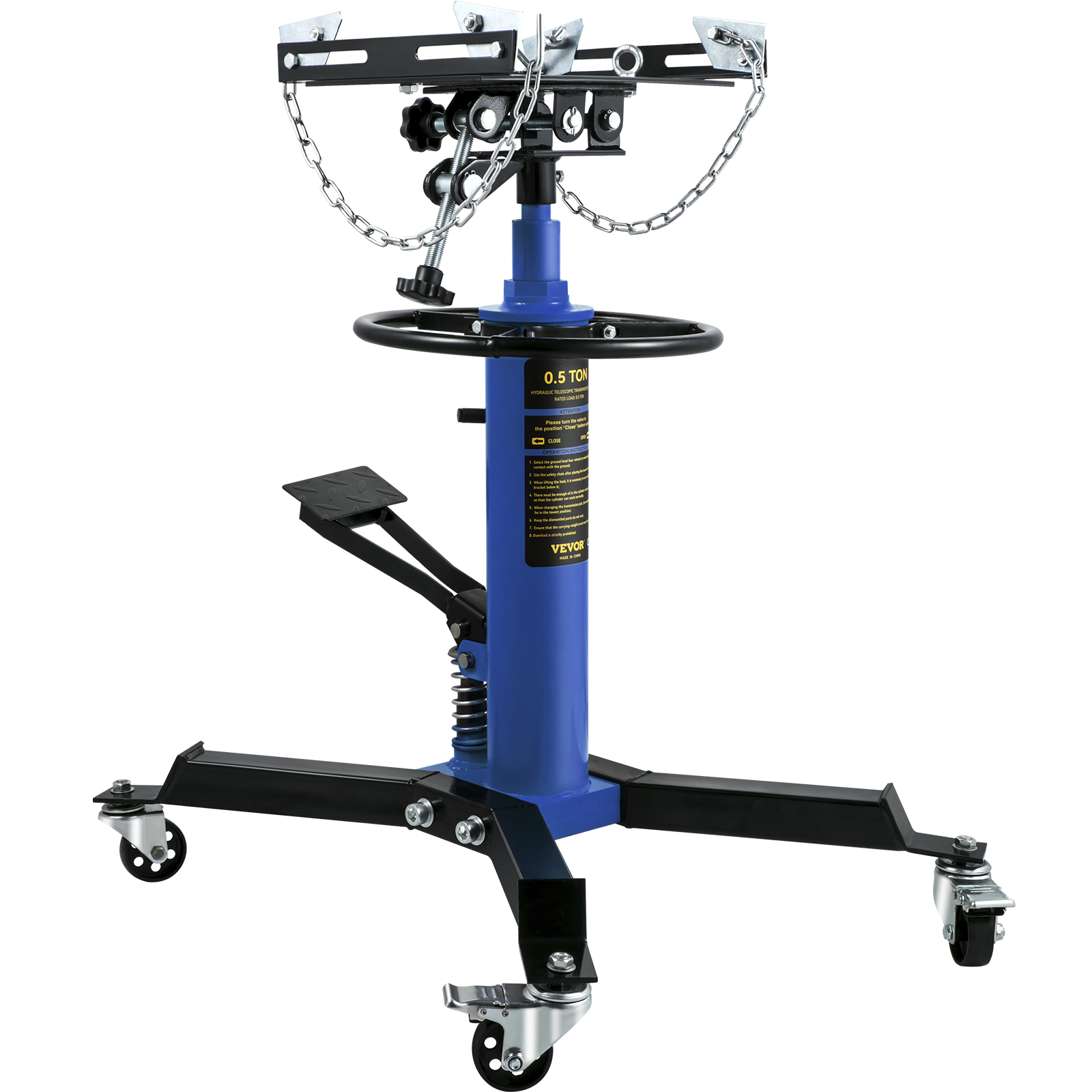 blue VEVOR transmission jack with adjustable chains and sturdy wheels for heavy-duty lifting.
