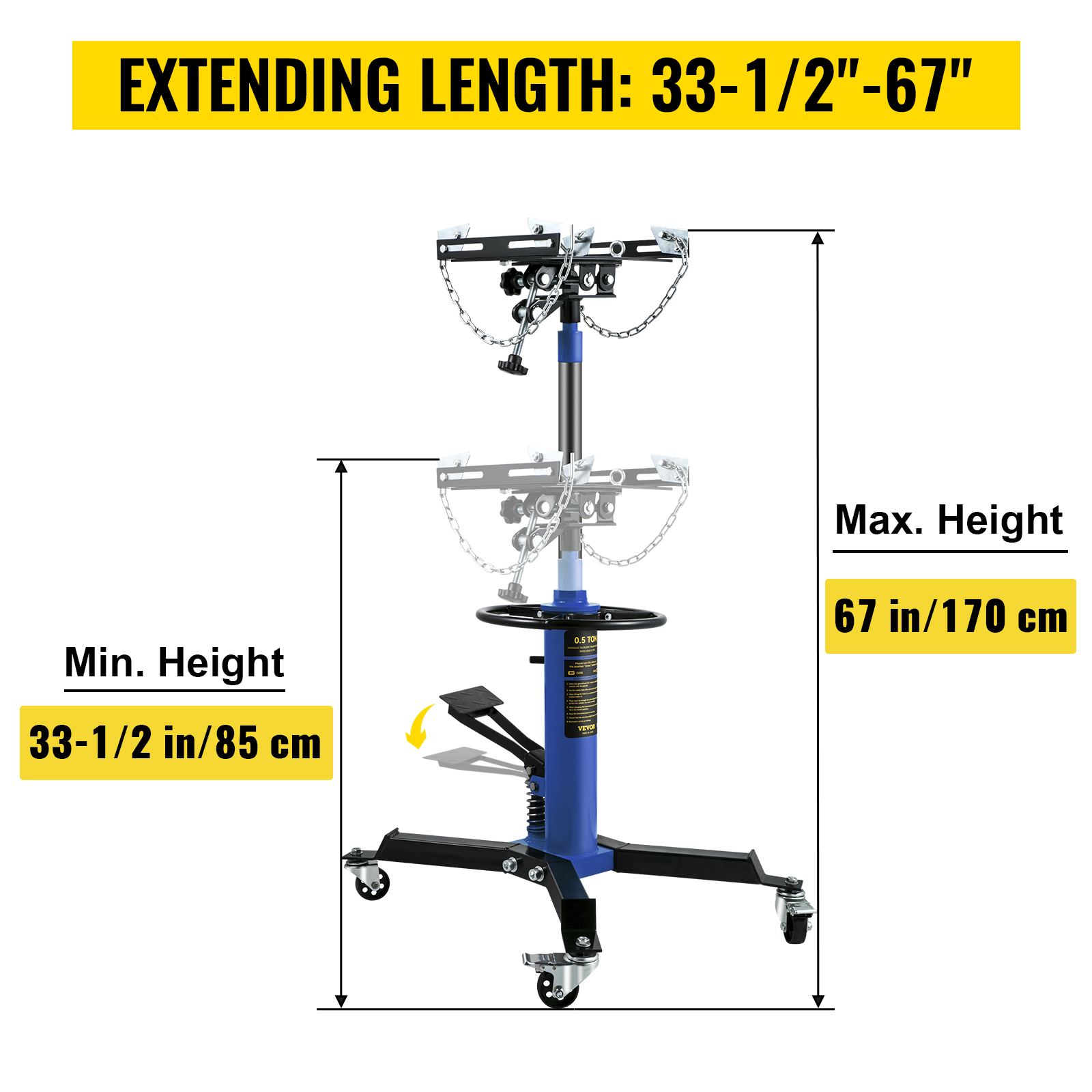 VEVOR transmission jack with extending length 33-1/2"-67", min height 33-1/2" and max height 67".