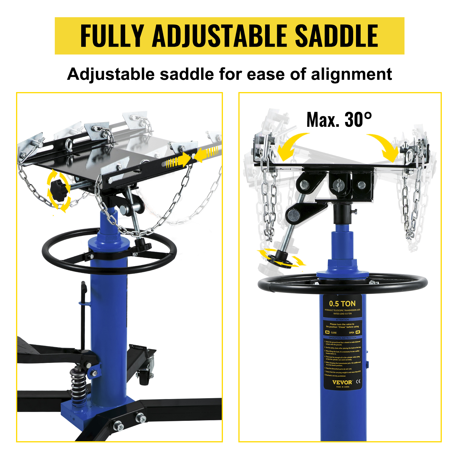 VEVOR transmission jack with fully adjustable saddle and max 30-degree tilt for ease of alignment.