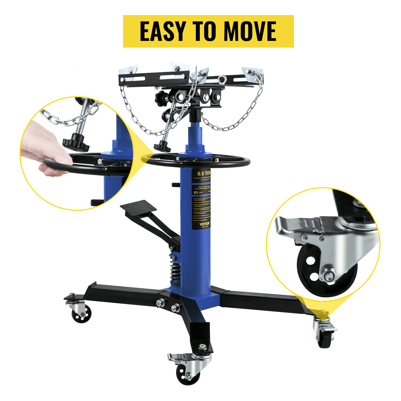 VEVOR transmission jack with hand grip, adjustable height, and rolling wheels for easy movement.