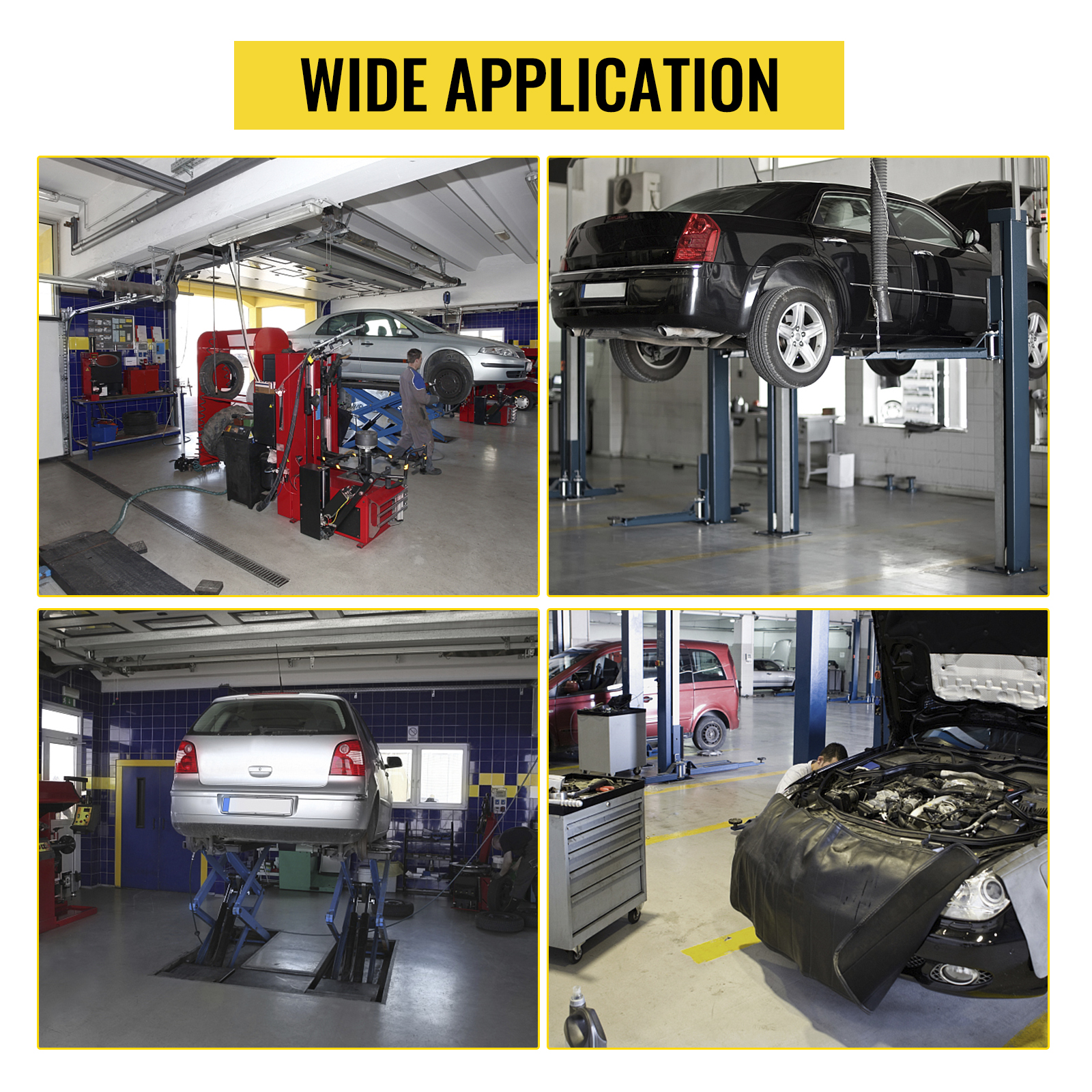 auto garage with vehicles on lifts, featuring the VEVOR transmission jack, showcasing wide application.