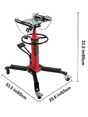 VEVOR transmission jack with adjustable base, measuring 33.5 in/85 cm height and 25.6 in/65 cm width.