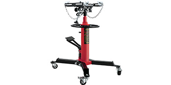 red VEVOR transmission jack with adjustable arms, chains, and caster wheels on a black base.