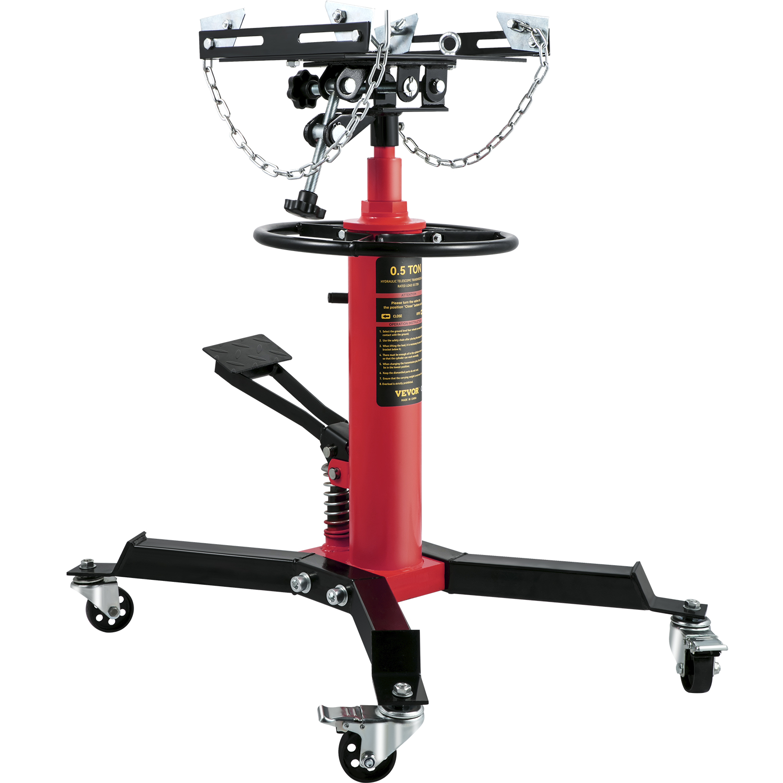 VEVOR transmission jack with hydraulic lift, adjustable chains, and durable casters on a red frame.