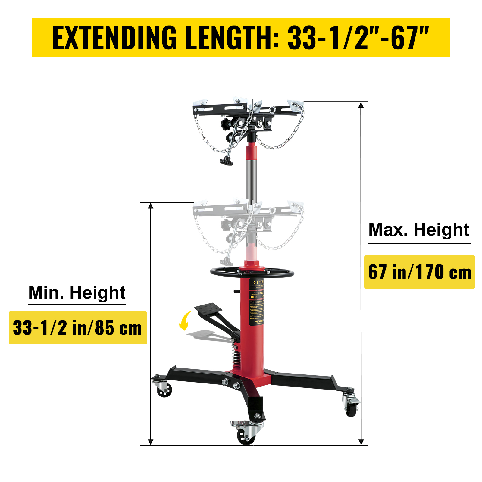VEVOR transmission jack with 33-1/2" to 67" height range and adjustable chain support.