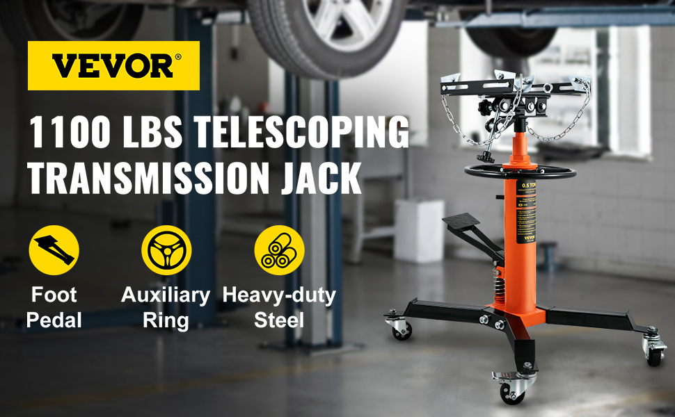 VEVOR transmission jack with foot pedal, auxiliary ring, and heavy-duty steel, 1100 lbs capacity.