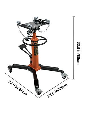 VEVOR transmission jack, orange hydraulic lift with measurements, and adjustable base, on wheels.