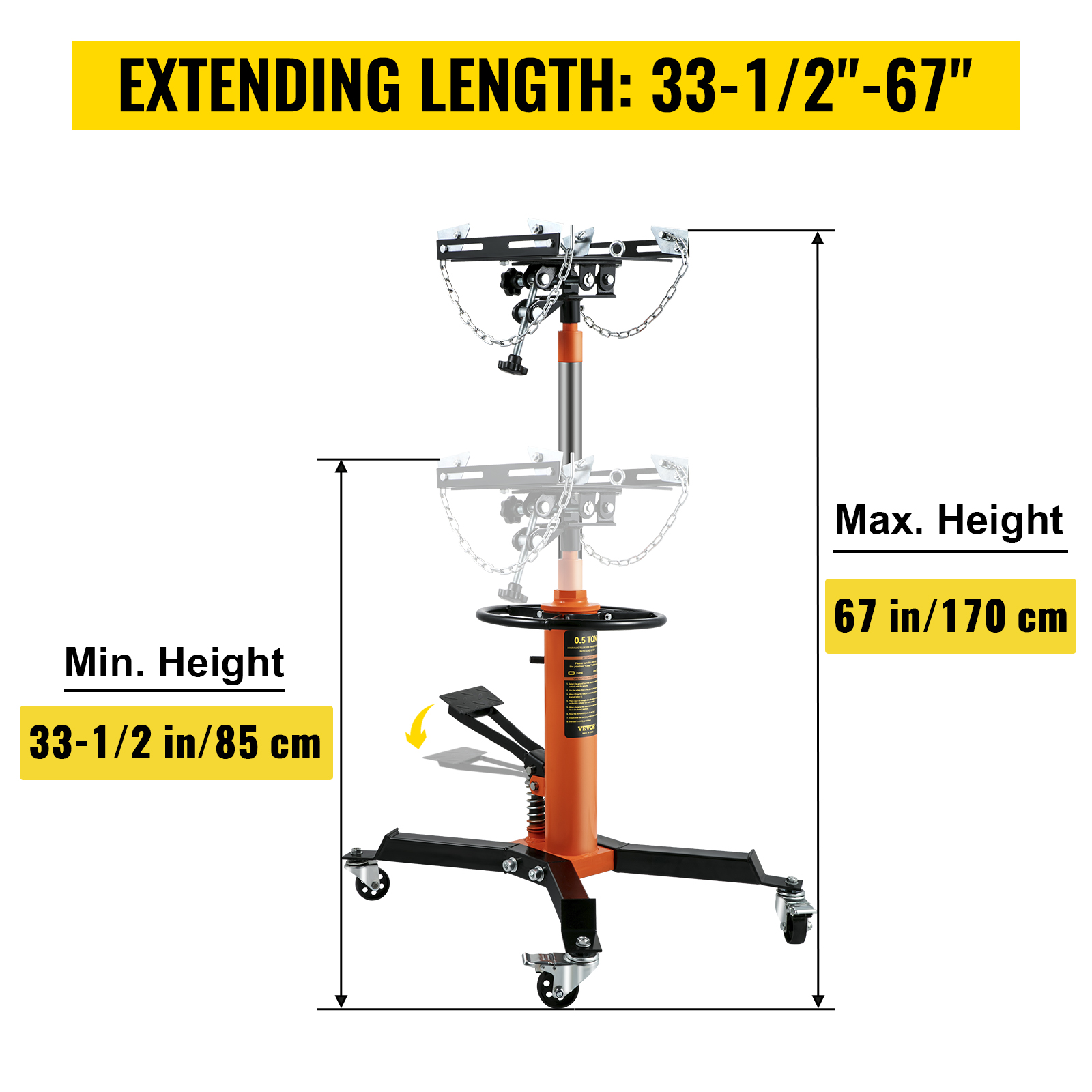 VEVOR transmission jack with adjustable height range from 33-1/2 in (85 cm) to 67 in (170 cm).