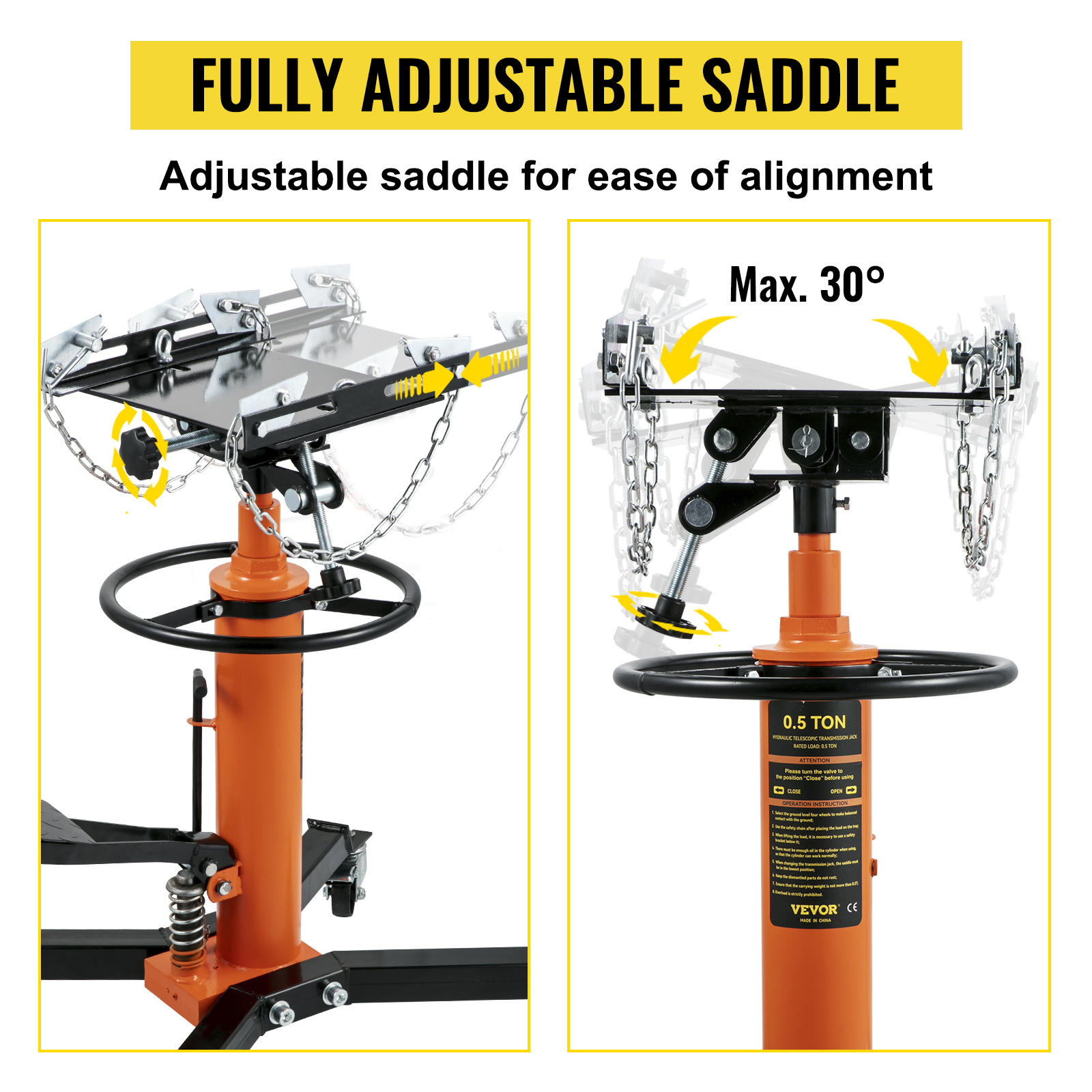 VEVOR transmission jack with adjustable saddle for precise alignment, max angle 30 degrees.