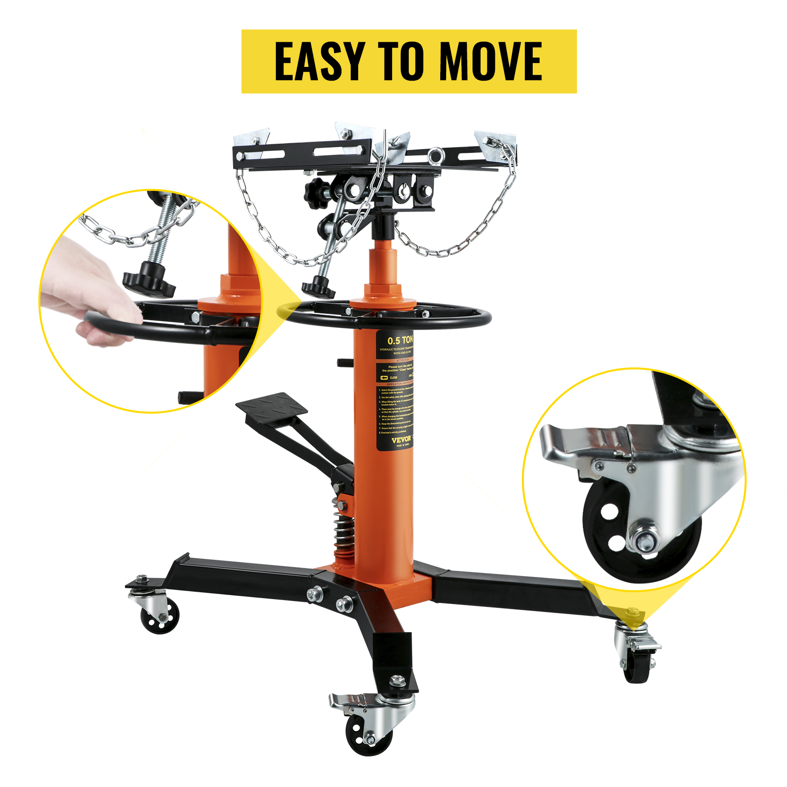 VEVOR transmission jack with swiveling casters and adjustable handle for easy maneuvering.