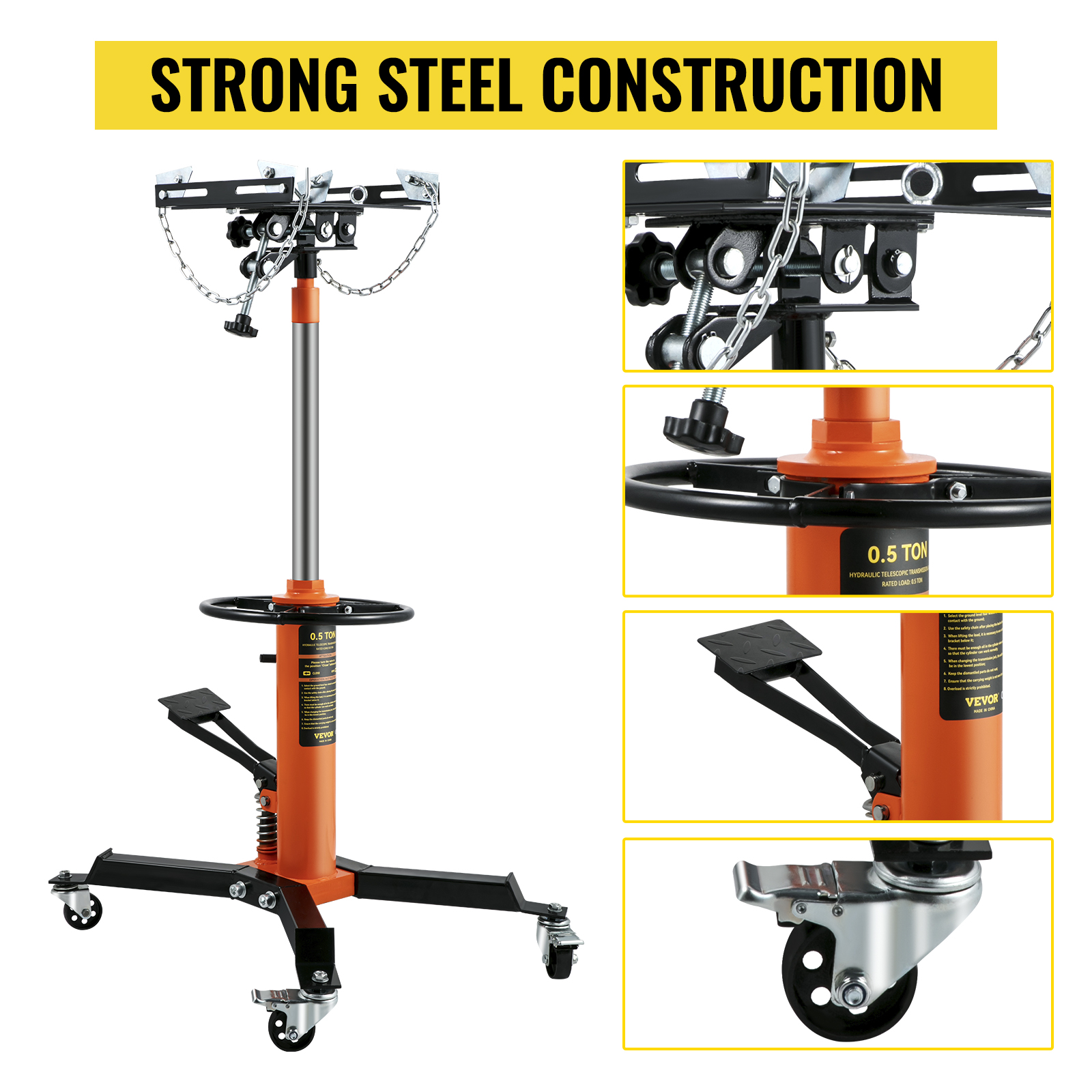 VEVOR transmission jack featuring strong steel construction, adjustable saddle, and sturdy caster wheels.