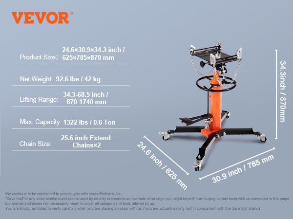 VEVOR hydraulic transmission jack with specifications: size 24.6×30.9×34.3 inch, capacity 1322 lbs.