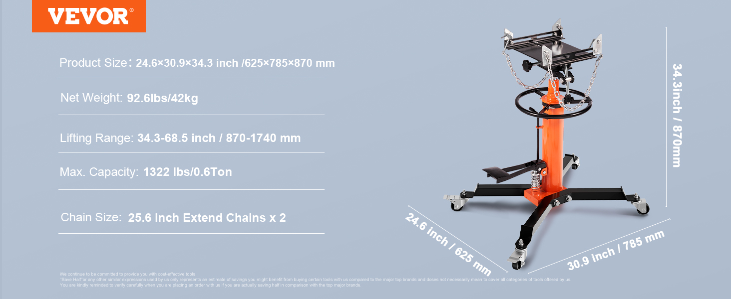 VEVOR hydraulic transmission jack with specifications: size 24.6×30.9×34.3 inch, capacity 1322 lbs.