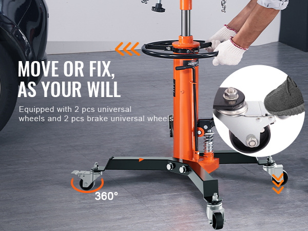 orange VEVOR hydraulic transmission jack with universal and brake wheels in a garage setting.